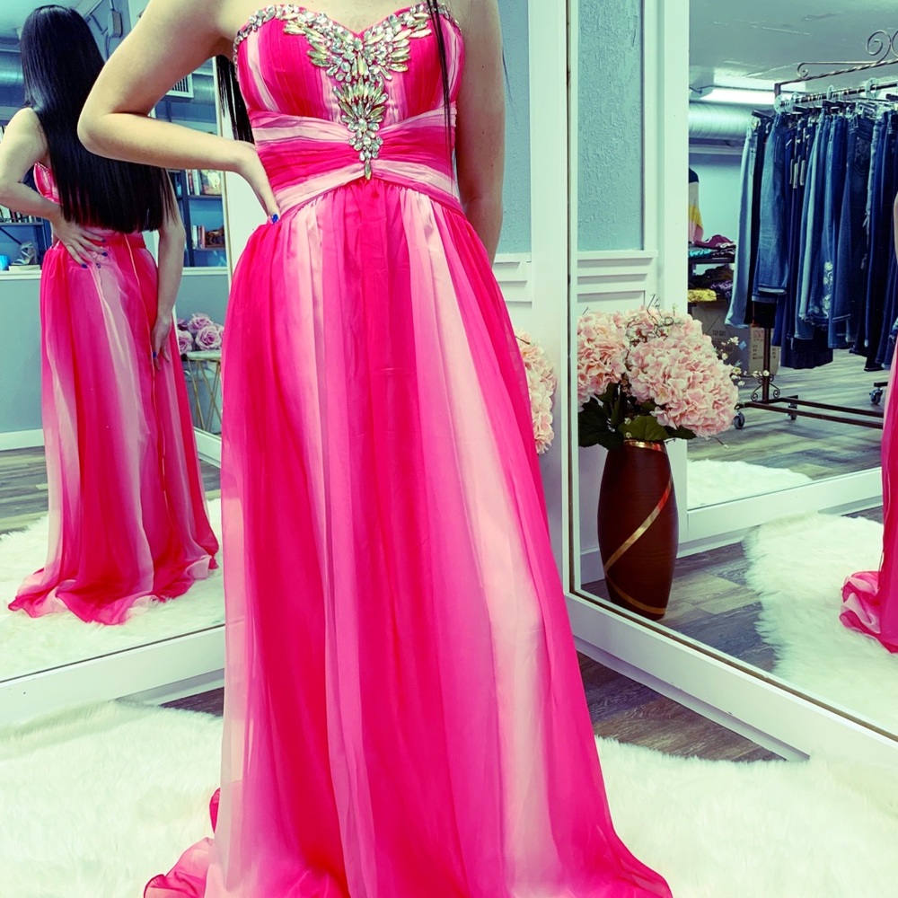Floor length fuchsia striped prom/pageant dress.